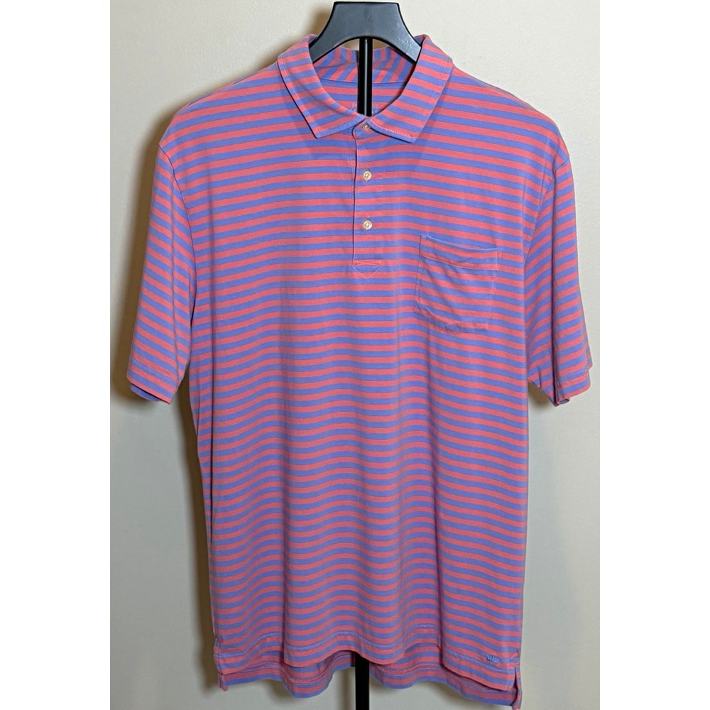 Peter Millar Polo Shirt Men's L Regular Salmon Blue Striped Short Sleeve Logo